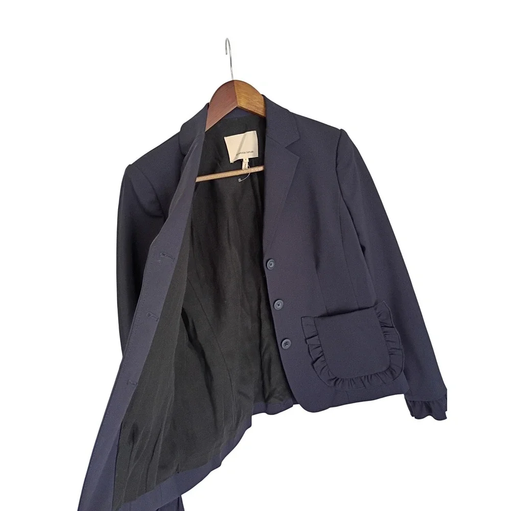 Rebecca Taylor Navy Wool Blend Ruffle Trim Tailored Blazer Jacket Sz‎ 4 S $450